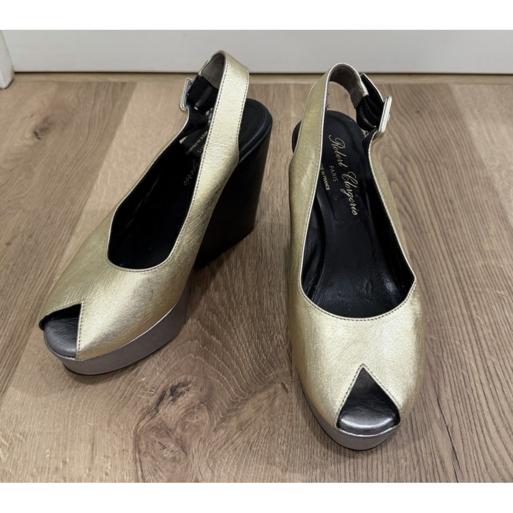 Robert Clergerie Dylan Platform Wedge Slingback Peeptoe Heels EU 36.5 Metallic